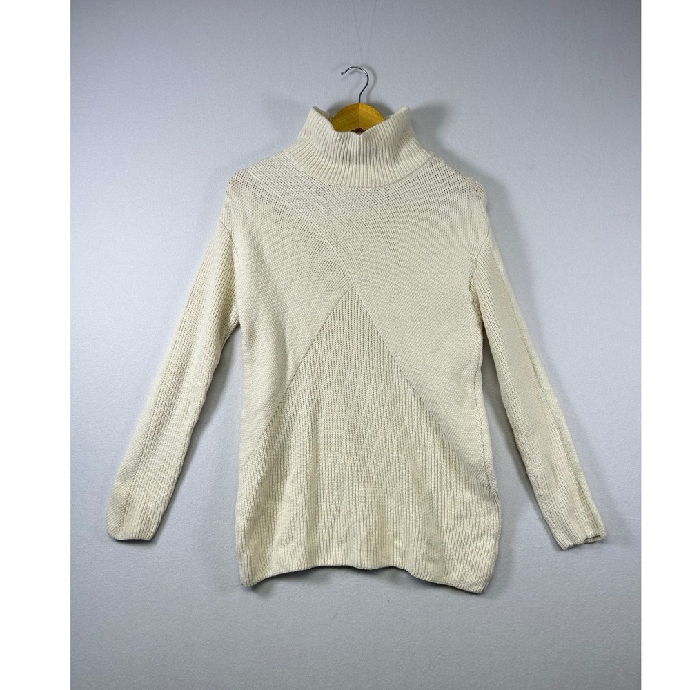 Talbots Turtleneck Sweater Womens Small Cream Ribbed Chevron Knit‎ Cotton Blend